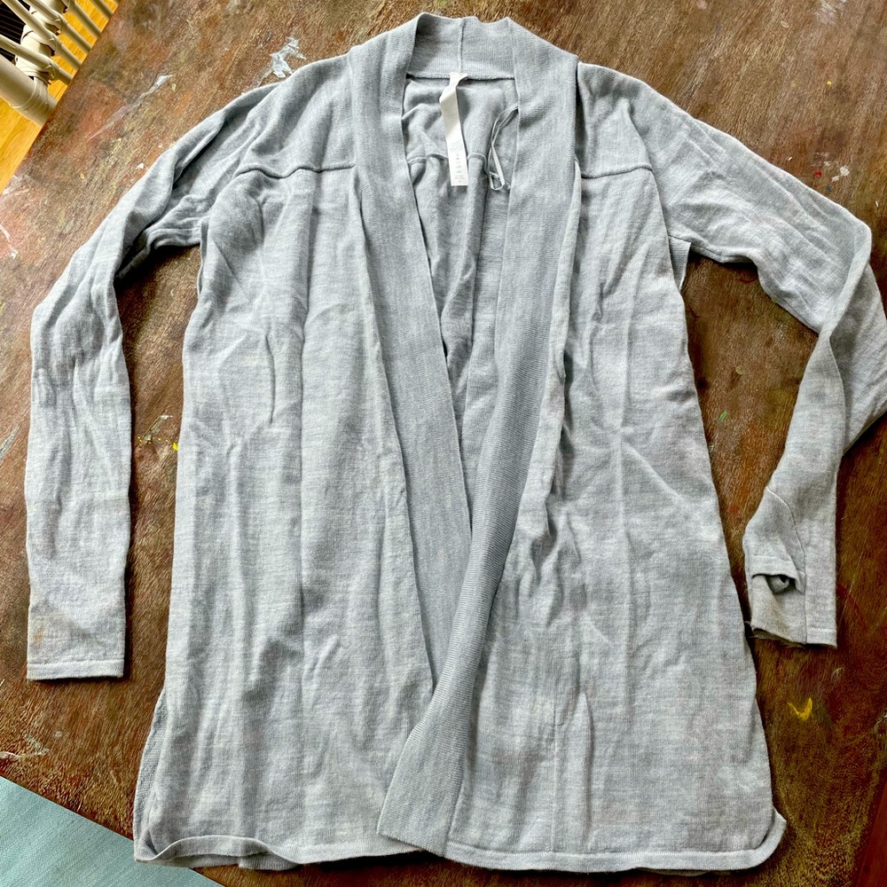 Lulu lemon wool, side slit cardigan in pale blue.